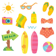 Set of illustrations with summer surfing beach elements