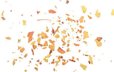 Cut dry fall, autumn leaves isolated on white background, organic texture, top view