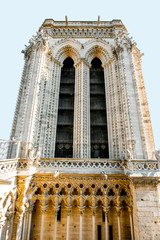 Close-up view on the bell tower of the famous Notre-Dame cathedral in Paris