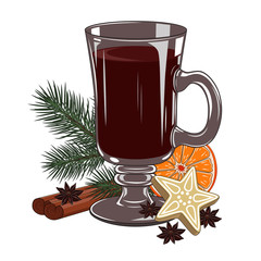 A glass of mulled wine with cookies, orange, fir branch, cinnamon on a white background.