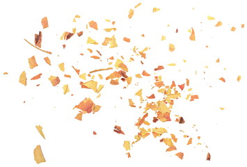 Cut dry fall, autumn leaves isolated on white background, organic texture, top view