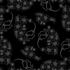 Seamless texture with white skulls and flowers on a black background.