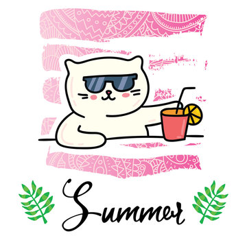 Cute cat in swimming pool summer print design