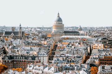 Aerial panoramic view of Paris from the Notre-Dame cathedral with Pantheon building during the morning light in France