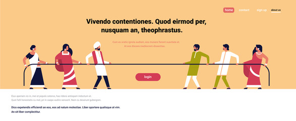 tug of war indian people team pulling opposite ends of rope against each other cartoon character full length indian man woman competition horizontal copy space flat vector illustration
