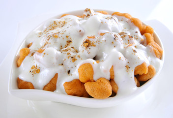 Dahi Bhallay, A yogurt base deleciuos street snack available with plain spicy, mix chat, papri, meethe & chana chaat 