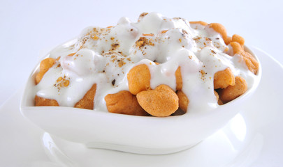 Dahi Bhallay, A yogurt base deleciuos street snack available with plain spicy, mix chat, papri, meethe & chana chaat 
