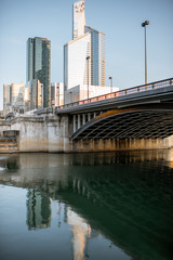 Naklejka premium Cityscape view of La Defense financial district with skyscrapers during the morning light in Paris