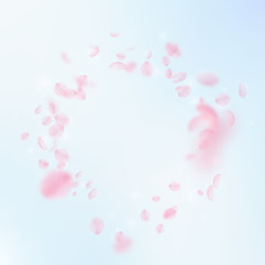 Sakura petals falling down. Romantic pink flowers vignette. Flying petals on blue sky square backgro