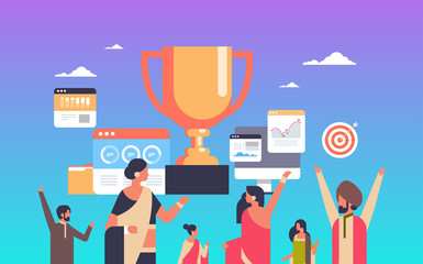 successful indian people group holding winner cup trophy first place number one concept teamwork strategy success flat horizontal vector illustration