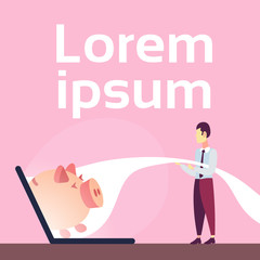 businessman pull huge bill check tape out laptop screen piggy bank savings concept business man online payment copy space flat vector illustration