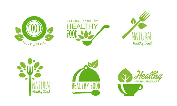 Healthy natural product logos set, green labels for eco, organic, vegan, raw, healthy food vector Illustration on a white background