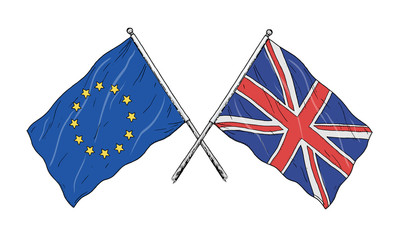 European Union and United Kingdom flags drawing - brexit allegory - vintage like illustration of flag of EU. Monochromatic banner contour on white background.