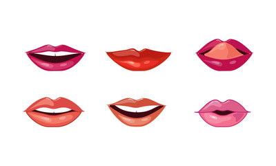 Fototapeta na wymiar Female lips set, mouth with different lipstick colors and various emotions vector Illustration on a white background