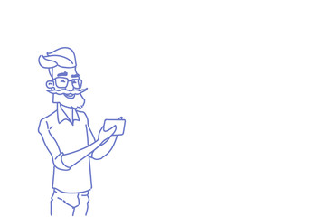 Senior man hipster using cell smart phone social media content online communication sketch doodle horizontal vector illustration