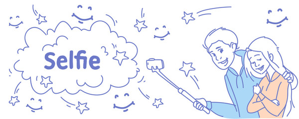 young man woman couple taking selfie camera photo together sketch doodle horizontal portrait vector illustration