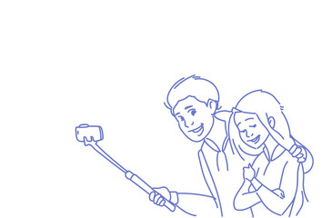 young man woman couple taking selfie camera photo together sketch doodle horizontal portrait vector illustration