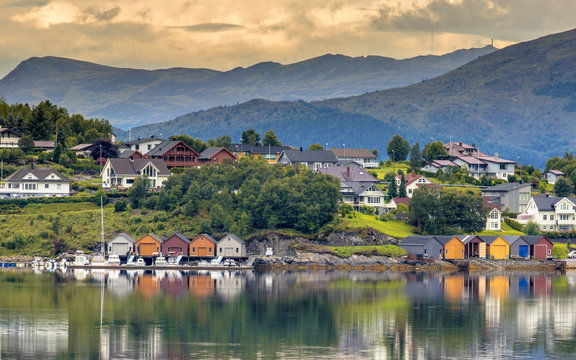 Scenic village on the coastline of fjord