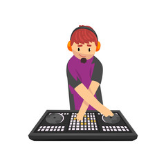 Smiling DJ mixing music on vinyl turntables, young man playing music on mixer console deck vector Illustration on a white background
