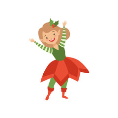 Lovely happy girl in elf costume, little Santa Claus helper vector Illustration on a white background