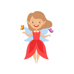 Cute beautiful little winged fairy, lovely girl in red dress vector Illustration on a white background