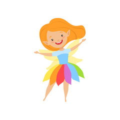 Cute beautiful little winged fairy, lovely redhead girl in rainbow dress vector Illustration on a white background