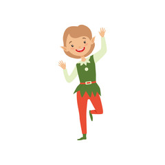 Cute playful boy in elf costume, little Santa Claus helper vector Illustration on a white background