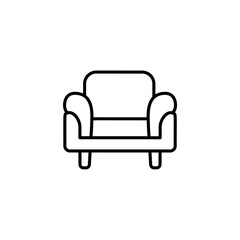 Black & white vector illustration of comfortable armchair. Line icon of arm chair seat. Upholstery furniture for living room & bedroom. Isolated on white background