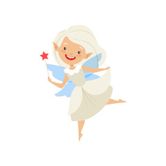 Cute beautiful little winged fairy, lovely girl with hair and dress in white color vector Illustration on a white background