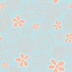 Vector Blue and Peach Flowers Garden Tea Party Background Pattern Design. Perfect for fabric, wallpaper, stationery and scrapbooking projects