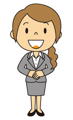 女性　OL　事務員　立ち姿　グレーのスーツ