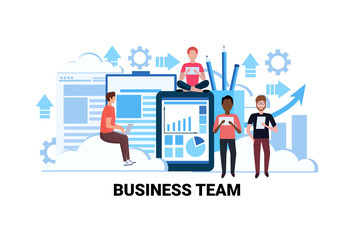 mix race people brainstorming financial graphs analytic teamwork successful business team concept flat horizontal vector illustration