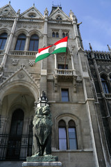 Fototapeta na wymiar Revolutionary Flag with cut-out Hole, outside Budapest Parliament, remember revolution of 1956
