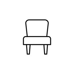 Black & white vector illustration of comfortable armchair. Line icon of arm chair seat. Upholstery furniture for living room & bedroom. Isolated on white background