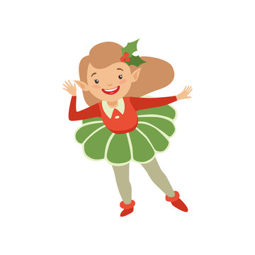 Cute Christmas elf, appy little girl in holiday costume vector Illustration on a white background