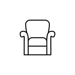 Black & white vector illustration of classic armchair with high back. Line icon of arm chair seat. Upholstery furniture for living room & bedroom. Isolated on white background