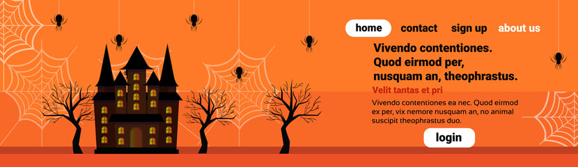 haunted house castle spider web happy halloween celebration concept flat horizontal banner copy space vector illustration