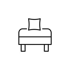 Black & white vector illustration of comfortable small chair with pillow. Line icon of ottoman seat. Upholstery furniture for living room & bedroom. Isolated on white background