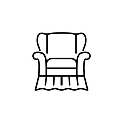 Black & white vector illustration of classic armchair with high back. Line icon of arm chair seat. Upholstery furniture for living room & bedroom. Isolated on white background