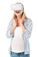 excited pregnant woman in vr headset isolated on white