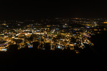 Aerial view of famous Greek resort Thira at night.