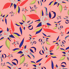 Colourful bloom print on coral background