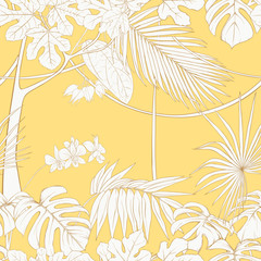 Fototapeta na wymiar Seamless pattern, background. with tropical plants and flowers.