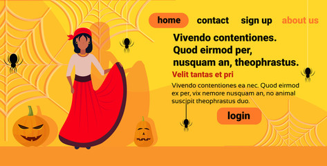 woman wearing carnival pirate dress spider web pumpkin decoration happy halloween concept female cartoon character full length horizontal copy space flat vector illustration