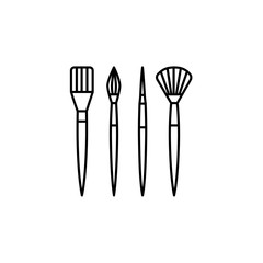 Black & white vector illustration of different paintbrushes. Line icon of round, flat, fan & rigger brushes. Artistic tools for painting and craft. Isolated on white background.