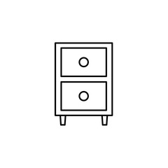 Black & white vector illustration of nightstand with 2 drawers. Line icon of night or bedside table. Isolated object on white background.