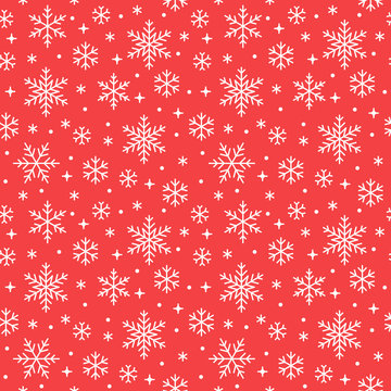 Seamless pattern with white snowflakes on red background. Flat line snowing icons, cute snow flakes repeat wallpaper. Nice element for christmas banner, wrapping. New year traditional ornament.