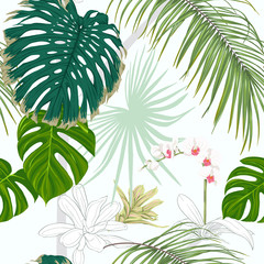 Seamless pattern, background. with tropical plants and flowers.