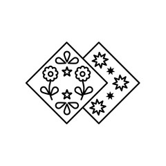 Black & white vector illustration of paper napkins with stars & floral patterns. Line icon of decoupage materials for diy projects. Craft supplies.  Isolated on white background