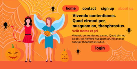 two women devil fairy costumes spider web pumpkin decoration happy halloween concept female cartoon character full length horizontal copy space flat vector illustration